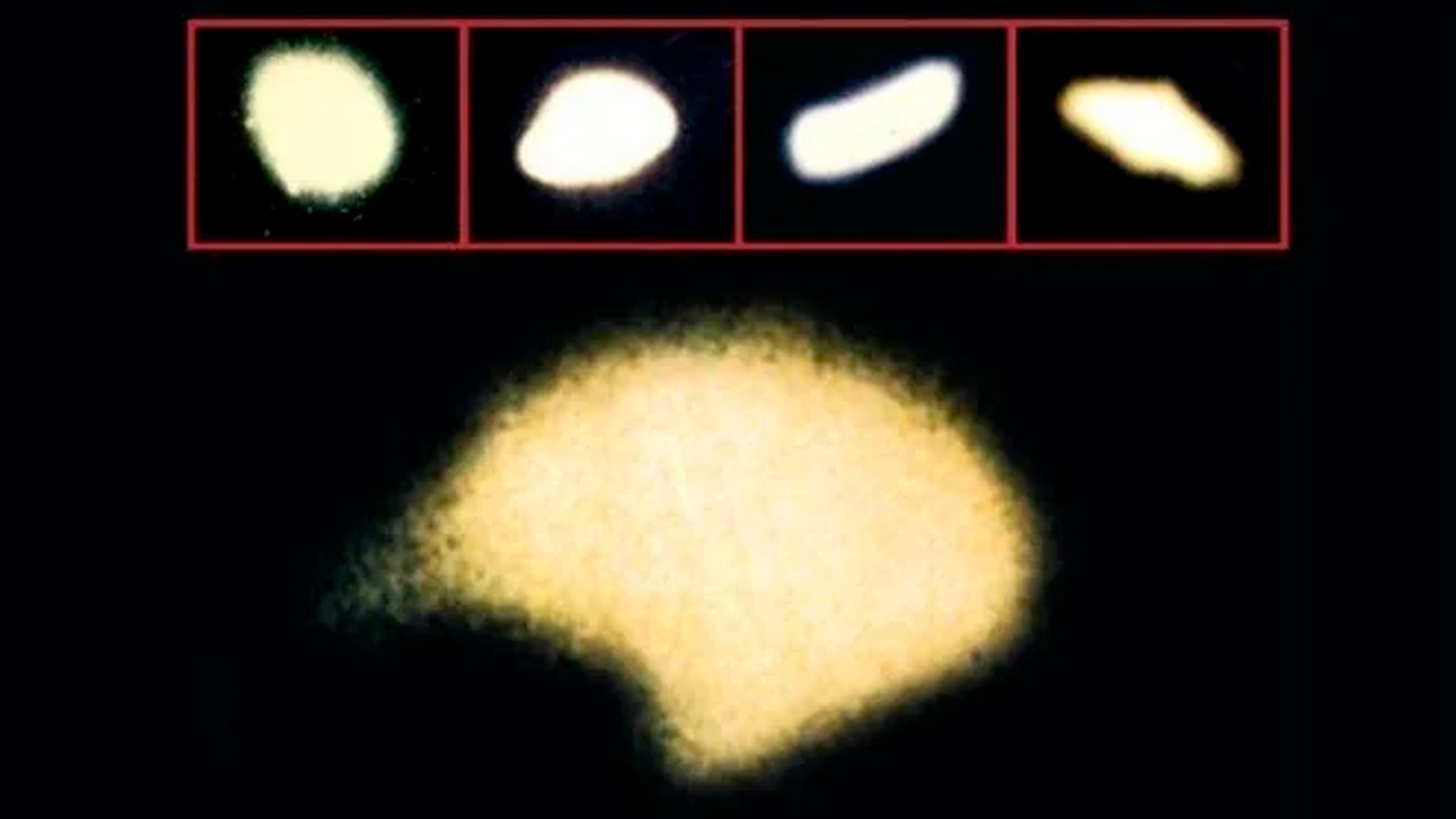 Ampliação de objeto luminoso em registro noturno, reforçando o caráter fragmentado das evidências visuais do caso. Fotos tiradas em Colares, Pará, em 1977 pela Força Aérea Brasileira.