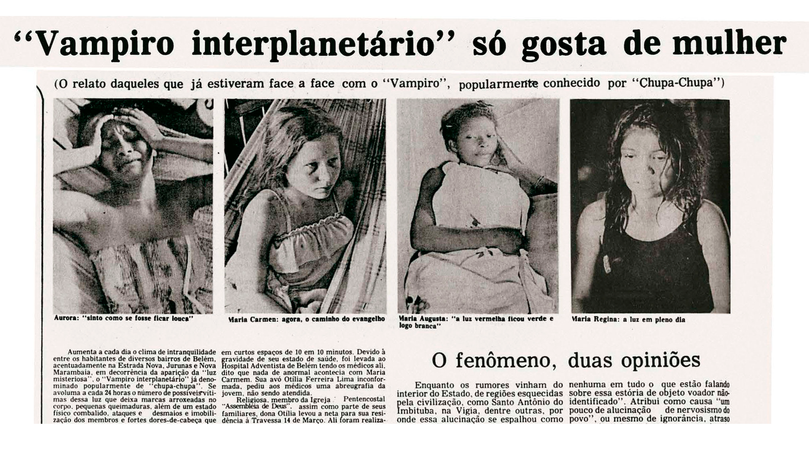 Página de jornal com fotografias de moradores ligados aos relatos do chupa-chupa.